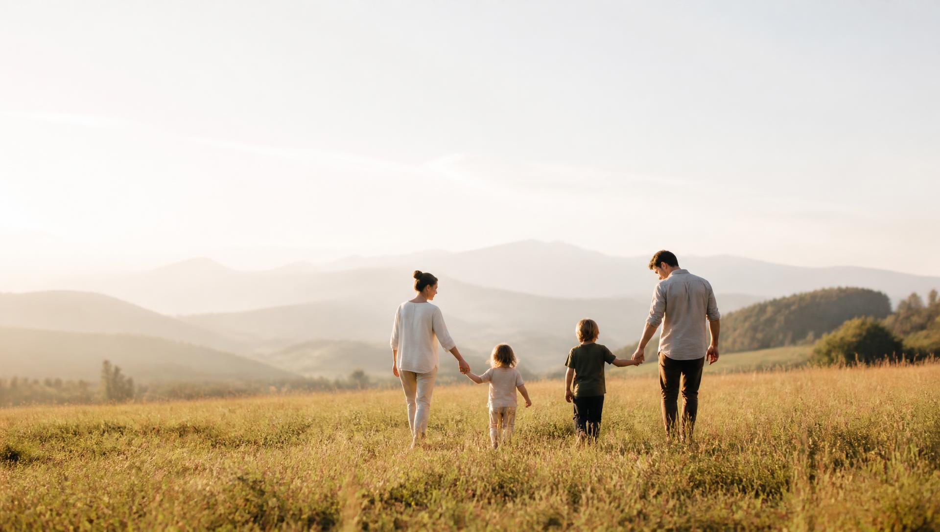 Familie spaziert entspannt durch eine sonnige Wiese